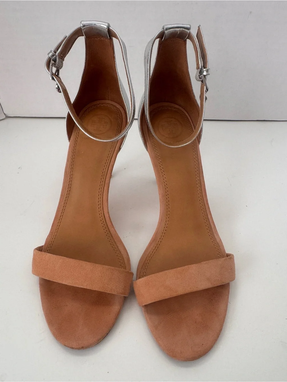 Tory Burch Ellie 85mm Silver Metallic Tan Suede Ankle Strap Sandals Heels 7M